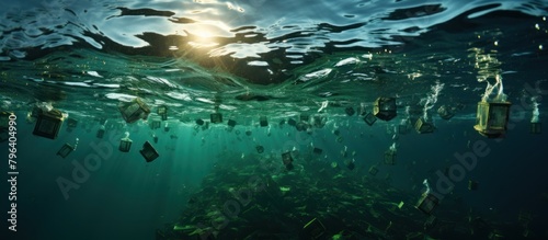 Underwater view of the sea with lots of trash, Plastic bottles floating in the water. Plastic pollution concept. photo