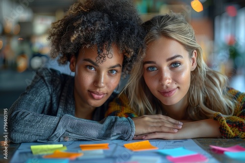 Smiling young women lean on a table scattered with colorful sticky notes, looking sincerely at the camera photo