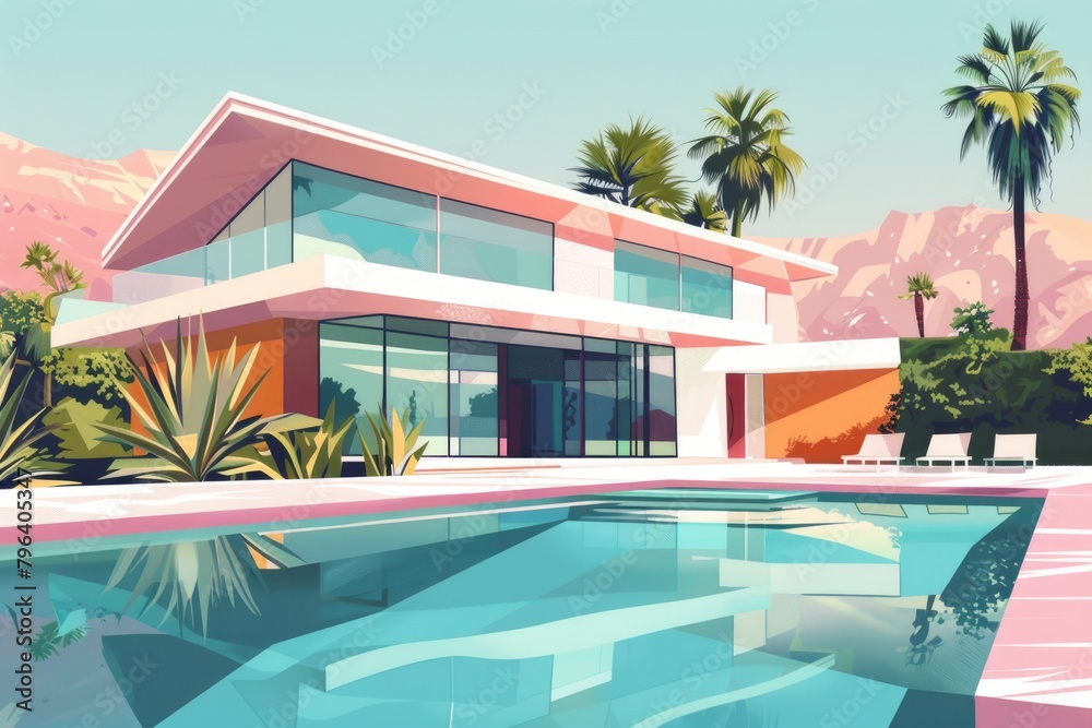 A painting of a house with a pool, ideal for real estate promotions