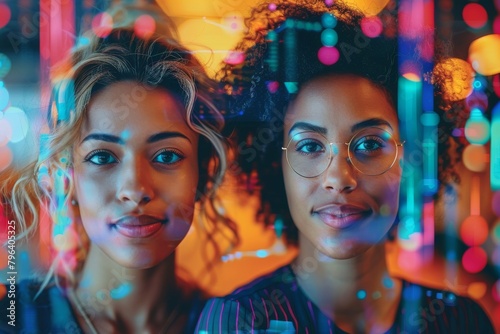 Close-up portrait of two women, vibrant bokeh lights of blue and red cast a colorful glow on their faces