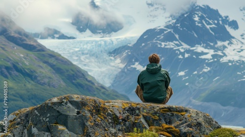 A lone camper sits on a boulder back to the camera as they take in the breathtaking view of a glacier looming in the distance . .