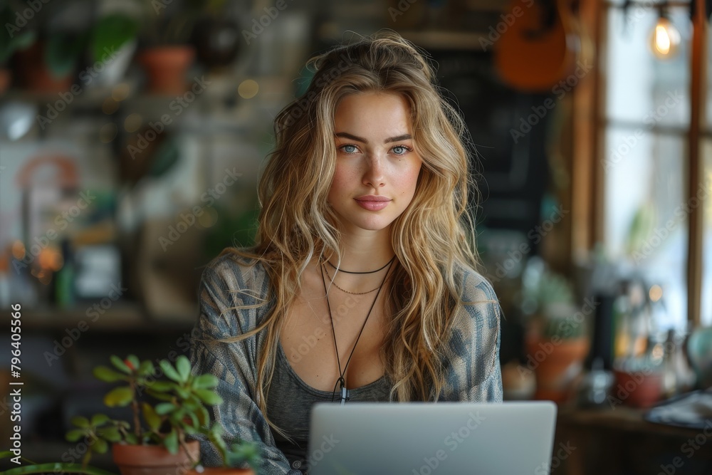 An attractive blonde woman with wavy hair gazes at the camera while sitting with her laptop in a rustic cafe An attractive blonde woman with wavy hair gazes at the camera while sitting with her laptop in a rustic cafe