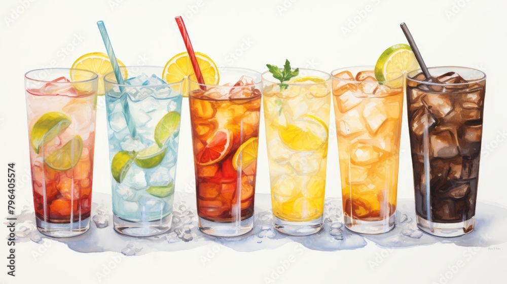 Watercolor-style depiction of refreshing summer beverages--lemonade, iced coffee, and assorted cocktails--presented against a stark white canvas