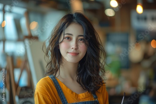 A young Asian woman with a bright smile poses in a creative and colorful artist's studio