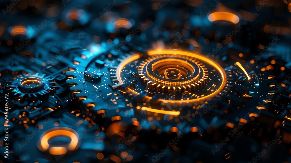 abstract representation of mechanical gears, technology theme, dark mode, high detailed and resolution