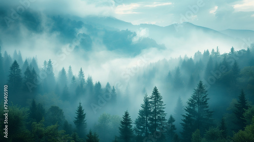 A forest with a thick fog covering the trees photo
