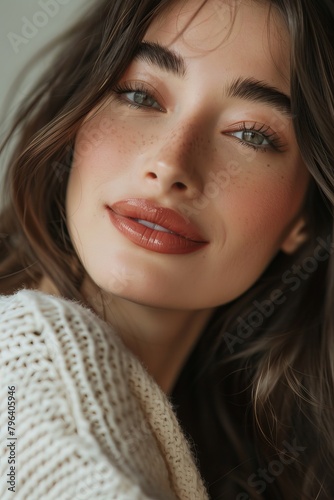 a closeup shot of a spanish fashion model looking at camera with eye lashes lipstick full makeup 