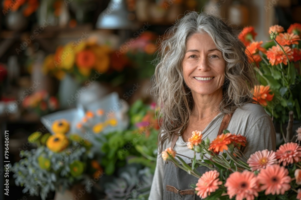 A senior woman with grey hair holds flowers while smiling in her charming florist shop