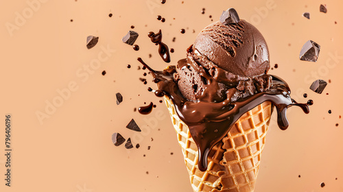 Scoop of crave-worthy dark rich chocolate ice cream with velvety texture in waffle cone with melting dripping, chocolate sauce splashes on beige background