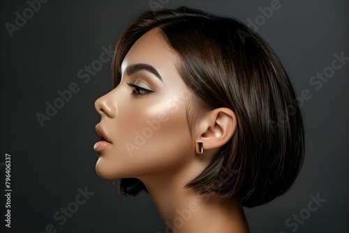 Side profile of stylish woman with gold earring chic bob hairstyle and flawless makeup. Concept Fashion, Beauty, Hairstyle, Makeup, Gold Earring