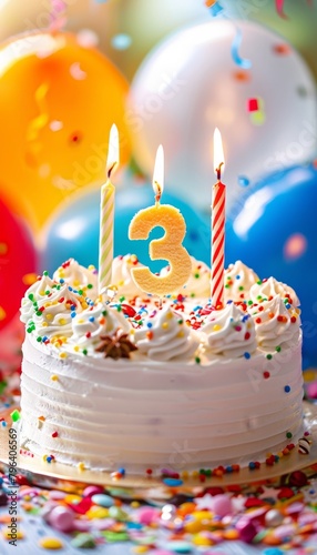 Number 3 candle on celebratory cake with balloons and decorations on blurred background