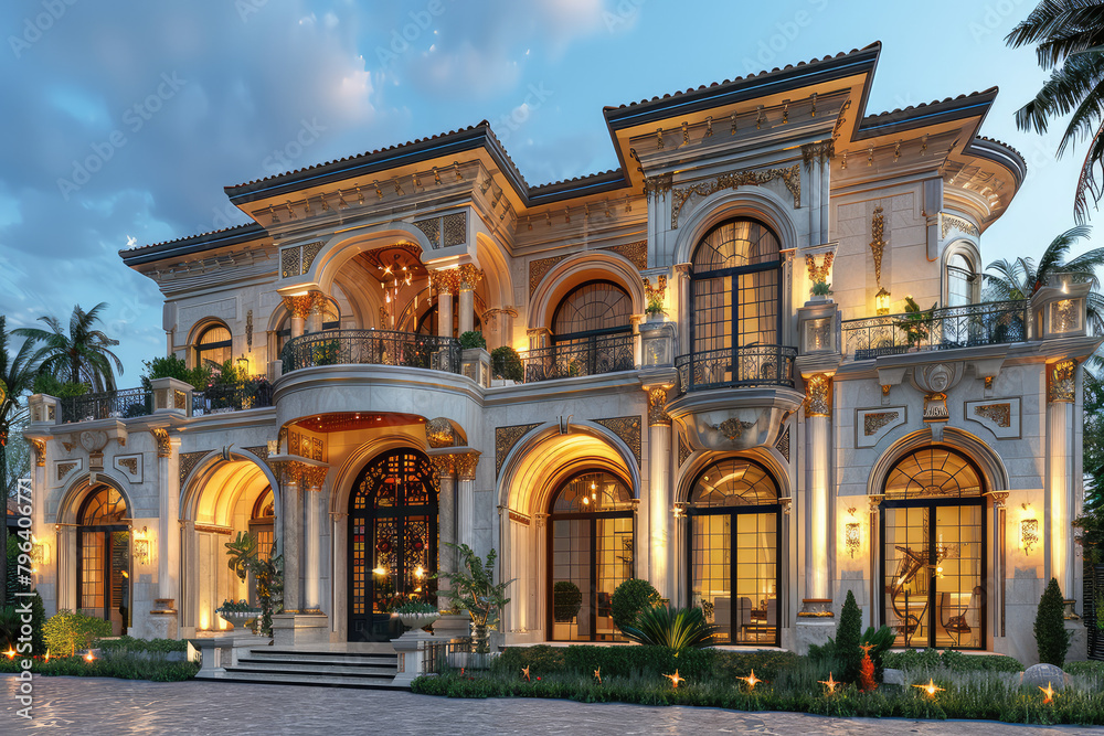 A luxurious mansion in Miami, with a grand entrance and intricate architecture, surrounded by lush gardens under the warm glow of twilight lights. Created with Ai