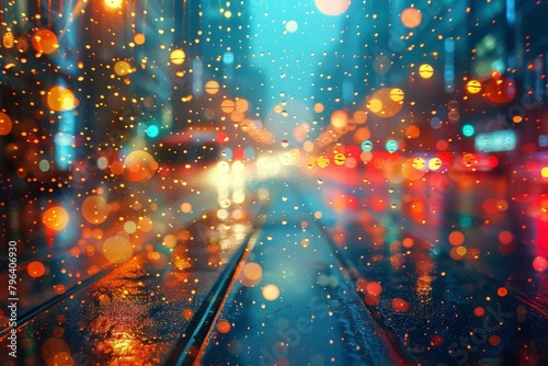 A cityscape comes alive with bright bokeh lights and raindrop effects, highlighting the energy of a rainy night