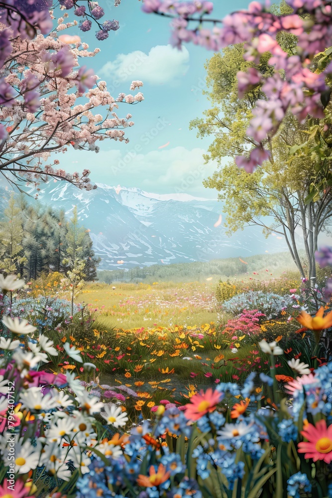a fantasy spring landscape with colorful wildflowers blooming 
