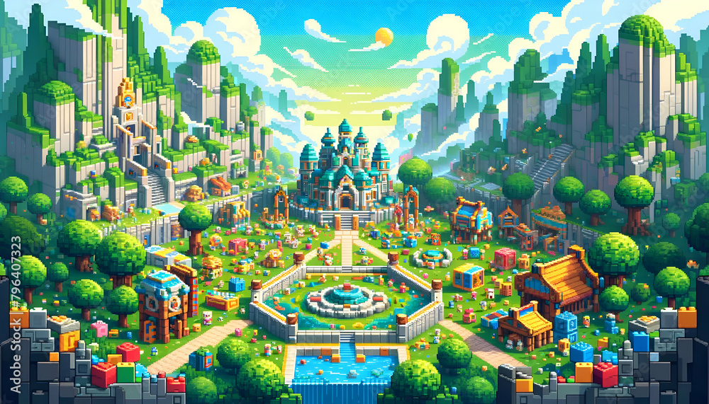 Pixel Art Toy Kingdom with Majestic Castle, A vibrant pixel art kingdom ...