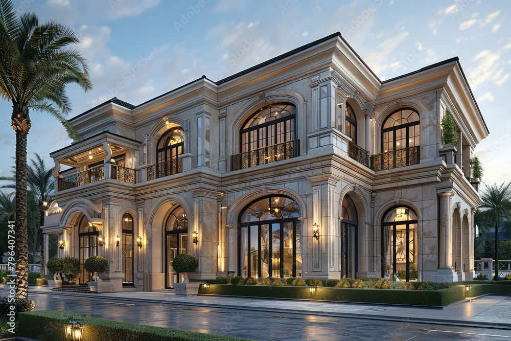 A beautiful two-story villa with neoclassical architecture, surrounded by lush gardens and palm trees. Created with Ai