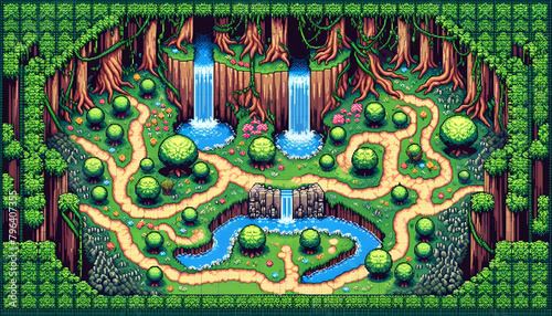 Pixel Art of Forest Path with Waterfalls  Lush pixel art forest scene featuring a winding path through vibrant greenery and cascading waterfalls  evoking a sense of adventure.