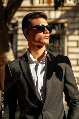 A handsome 20-year-old man wearing black sunglasses is walking on the street, dressed in a suit,Frontal photo,with exquisite light and shadow skin, advertising grade photography, ed-6a0a217c0dab