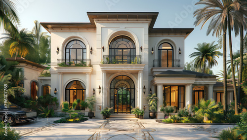 A realistic rendering of the exterior front view of an elegant two-story villa with neoclassical architecture, featuring arched windows and doors, Created with Ai photo