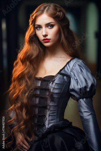 Woman with long red hair wearing black dress.