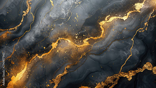  A dark marble surface with golden veins. Created with Ai © Stock
