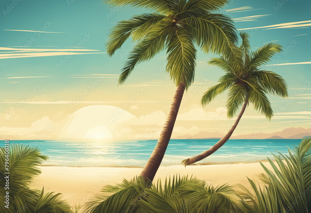 Two palm trees on the island, illustration