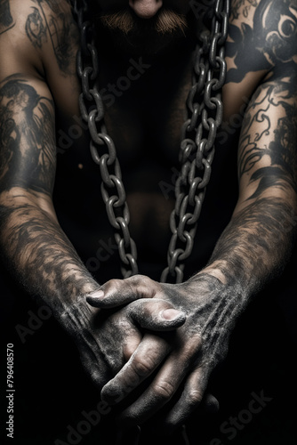 Man with tattoos holding chain with his hands.