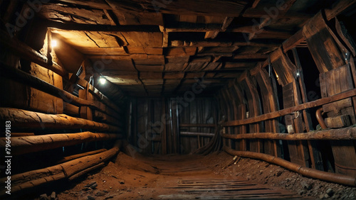 A blocked mine tunnel with wooden beams on the sides