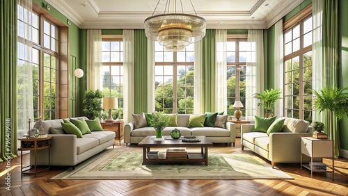 interior of modern bright living room with green sofa 3D rendering