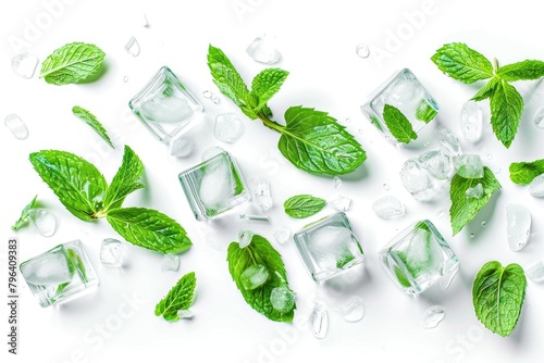 Refreshing ice cubes with mint leaves, perfect for summer drinks photo