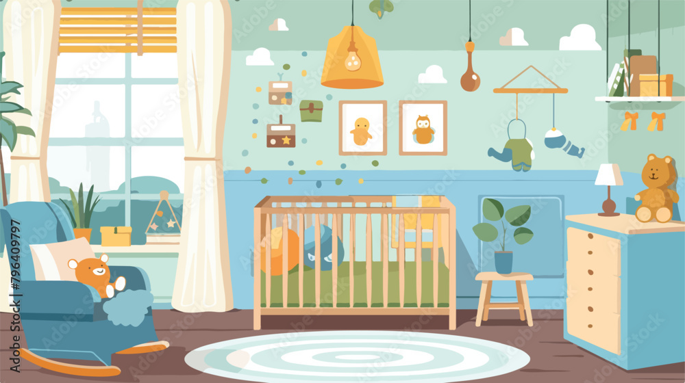 Cozy Nursery interior baby boys room flat style illustration