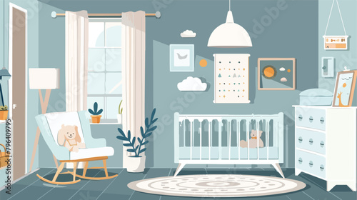Cozy Nursery interior baby boys room flat style illustration