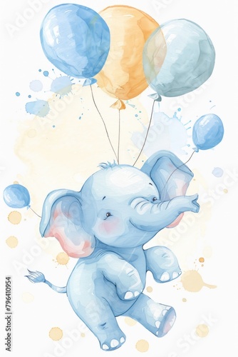 A cute baby elephant soaring through the sky with colorful balloons. Perfect for children s book illustrations