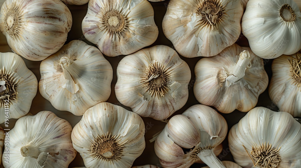 Informative top view display of garlic bulbs, detailing the health-promoting allicin content, ideal for wellness advertising, isolated, studio lighting Informative top view display of garlic bulbs, detailing the health-promoting allicin content, ideal for wellness advertising, isolated, studio lighting