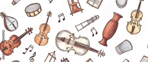 Musical instruments pattern, vector seamless pattern of cymbals on ethnic jambe, drums, jazz trumpet, acoustic guitar and violin on white.