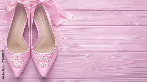A pair of pink shoes with a bow on the front. The shoes are on a wooden surface
