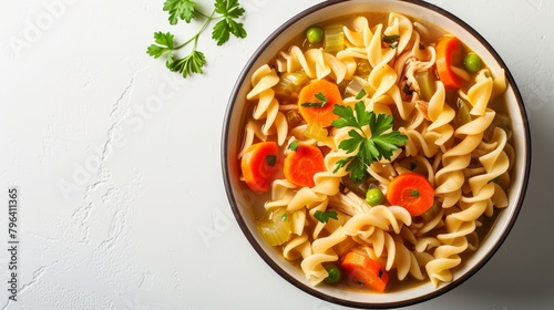 Hearty top view of Chicken Noodle Soup with colorful vegetables like carrots and celery, using whole wheat noodles and low-sodium broth, perfect for health ads, isolated backdrop