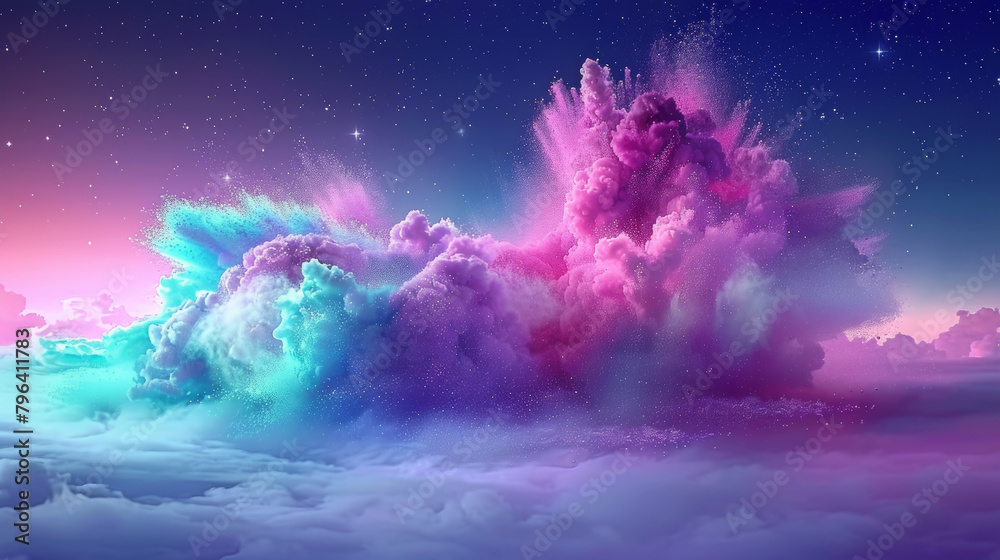 A colorful cloud of smoke is floating in the sky. The colors are bright and vibrant, creating a sense of energy and excitement. The smoke seems to be coming from a fire