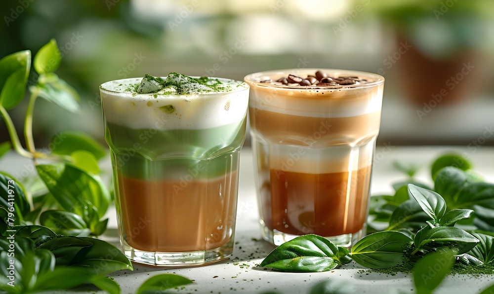Green tea latte and black tea latte with fresh leaves Green tea latte and black tea latte with fresh leaves