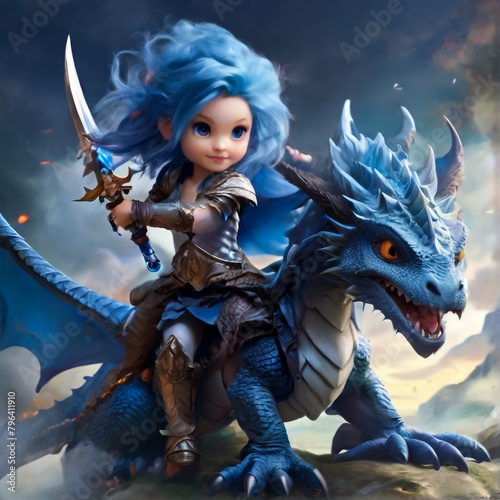 A girl sitting on a blue dragon, teenage girl riding a dragon.

