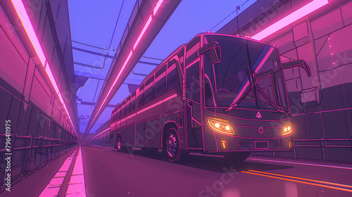 A neon bus is driving down a tunnel. The bus is the main focus of the image
