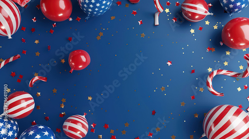 Happy 4th of July USA Independence Day background, waving American national flag and balloons.