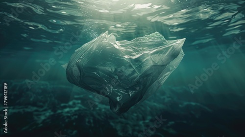 A plastic bag drifting in the ocean. Suitable for environmental themes