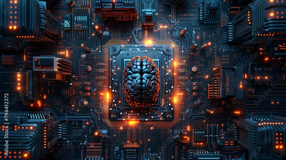 Circuit board with a glowing brain in the center. Circuit board with a glowing brain in the center.