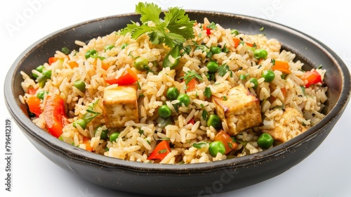 Healthy gourmet top view of brown rice fried rice with tofu, mixed vegetables including bell peppers and peas, using light sesame oil, isolated, studio lighting