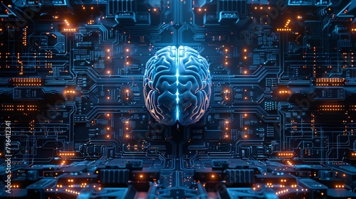 circuit board with a glowing blue brain in the center
