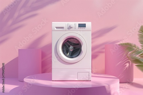 A white washing machine placed on a pink surface, perfect for household appliance concepts