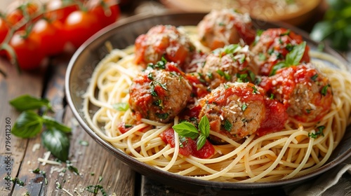 Healthy gourmet Spaghetti and Meatballs, using whole wheat pasta and lean chicken meatballs, topped with a veggie-filled homemade tomato sauce, isolated set-up