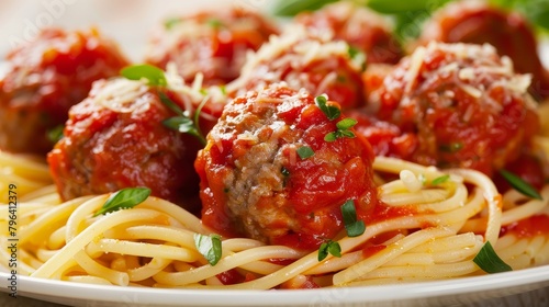 Healthy gourmet Spaghetti and Meatballs, using whole wheat pasta and lean chicken meatballs, topped with a veggie-filled homemade tomato sauce, isolated set-up