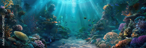 An underwater view showcasing a vibrant coral reef with sunlight filtering through the water creating a stunning visual effect